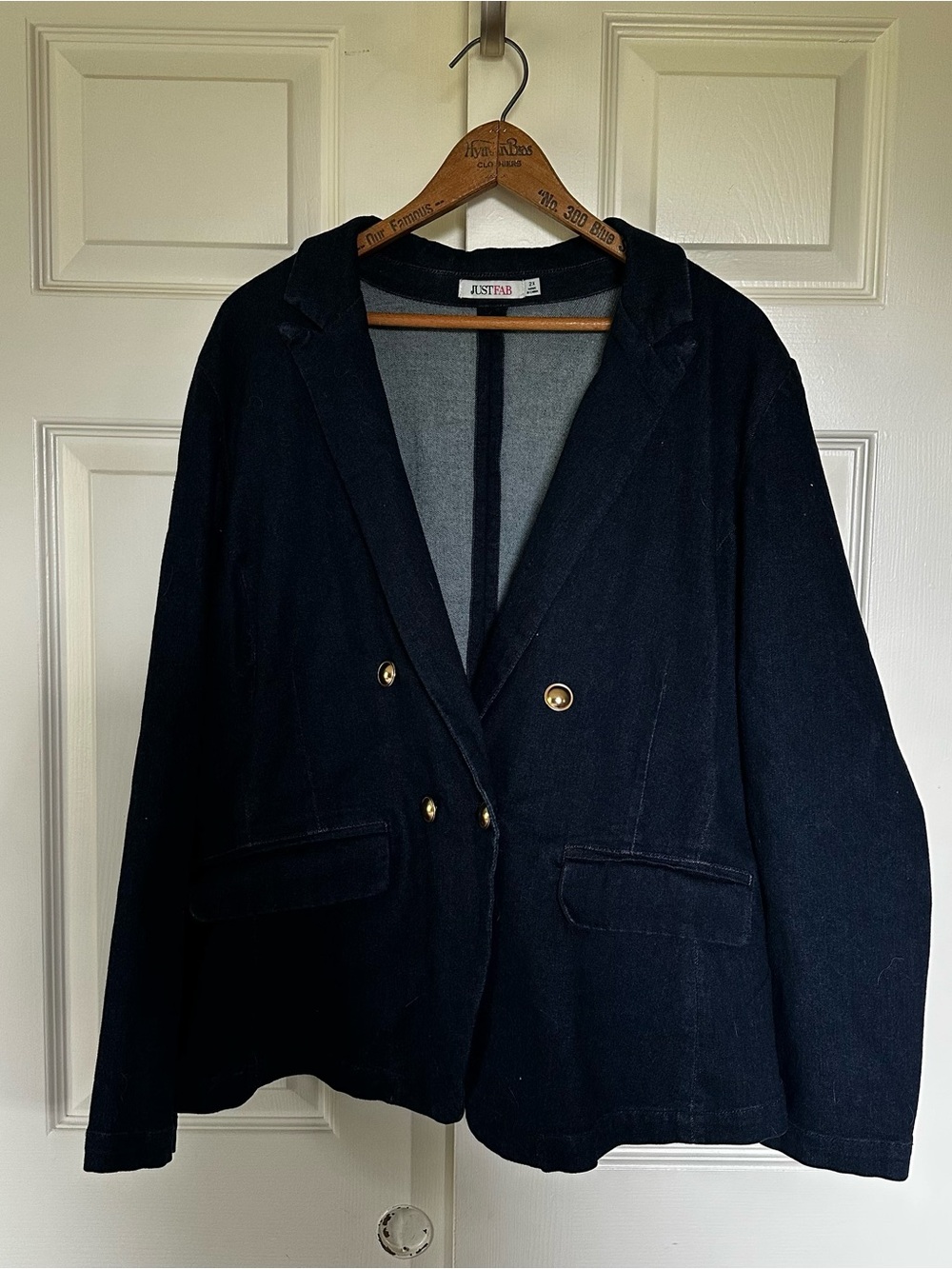Just Fab Women's Navy Stretch Denim Double-Breasted Blazer